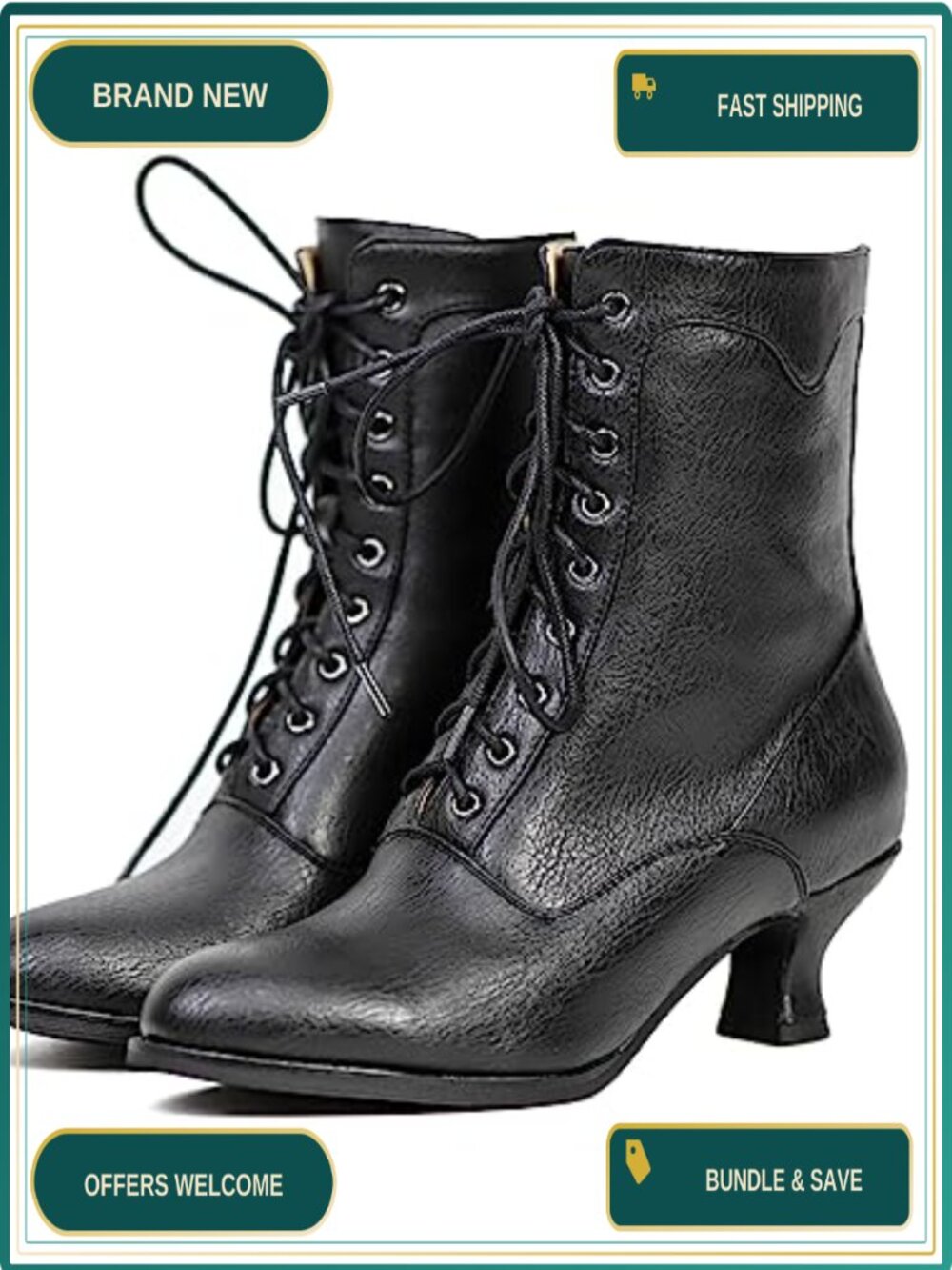 Victorian Mid Calf Boots for Women Lace Up Round Toe Chunky Heel